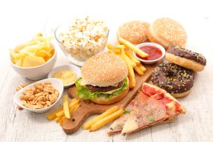 Various junk food, high carbohydrate meals